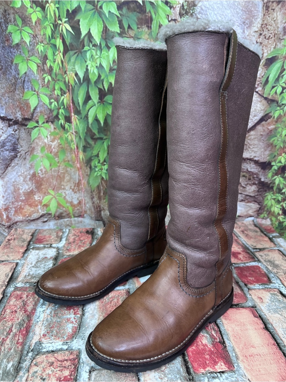 FRYE Tan and Brown Sherpa Lined Shearling Log Sole Tall Riding Boots, 5.5 - Picture 3 of 16